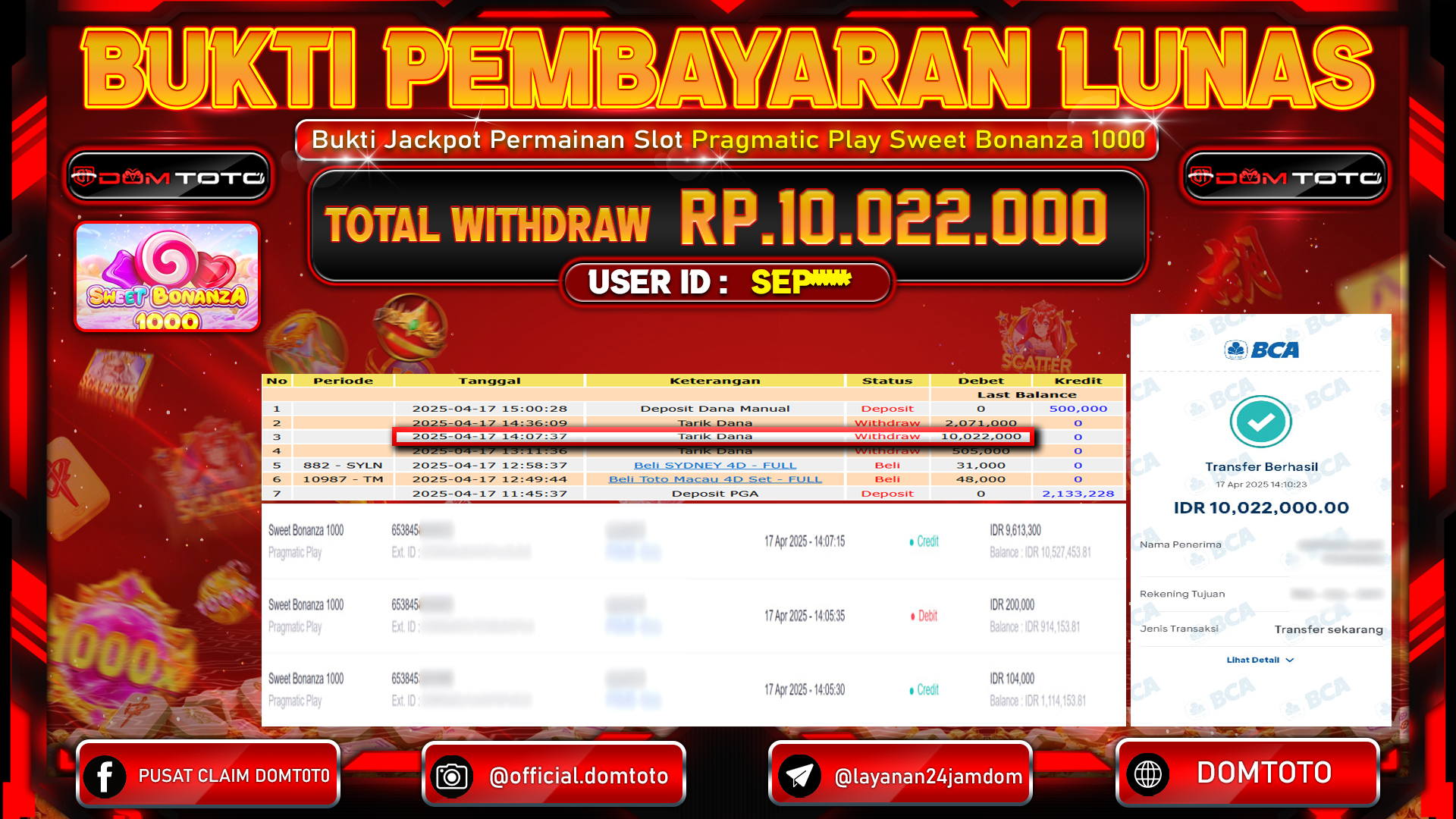 JACKPOT SLOT SWEET BONANZA 1000 17 APRIL 2025